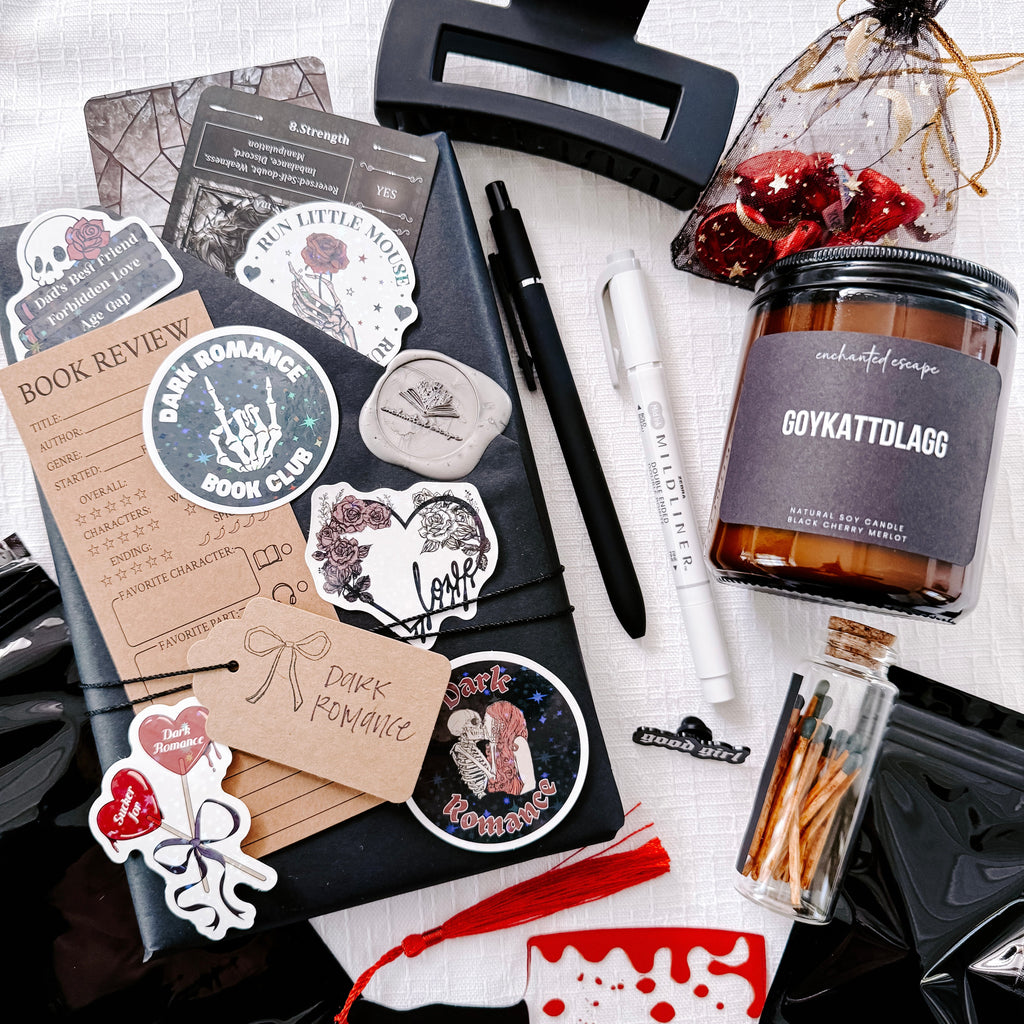 Dark Romance Book Bundle with bookish candle, stickers, claw clip, and reading accessories by Enchanted Escape Reading