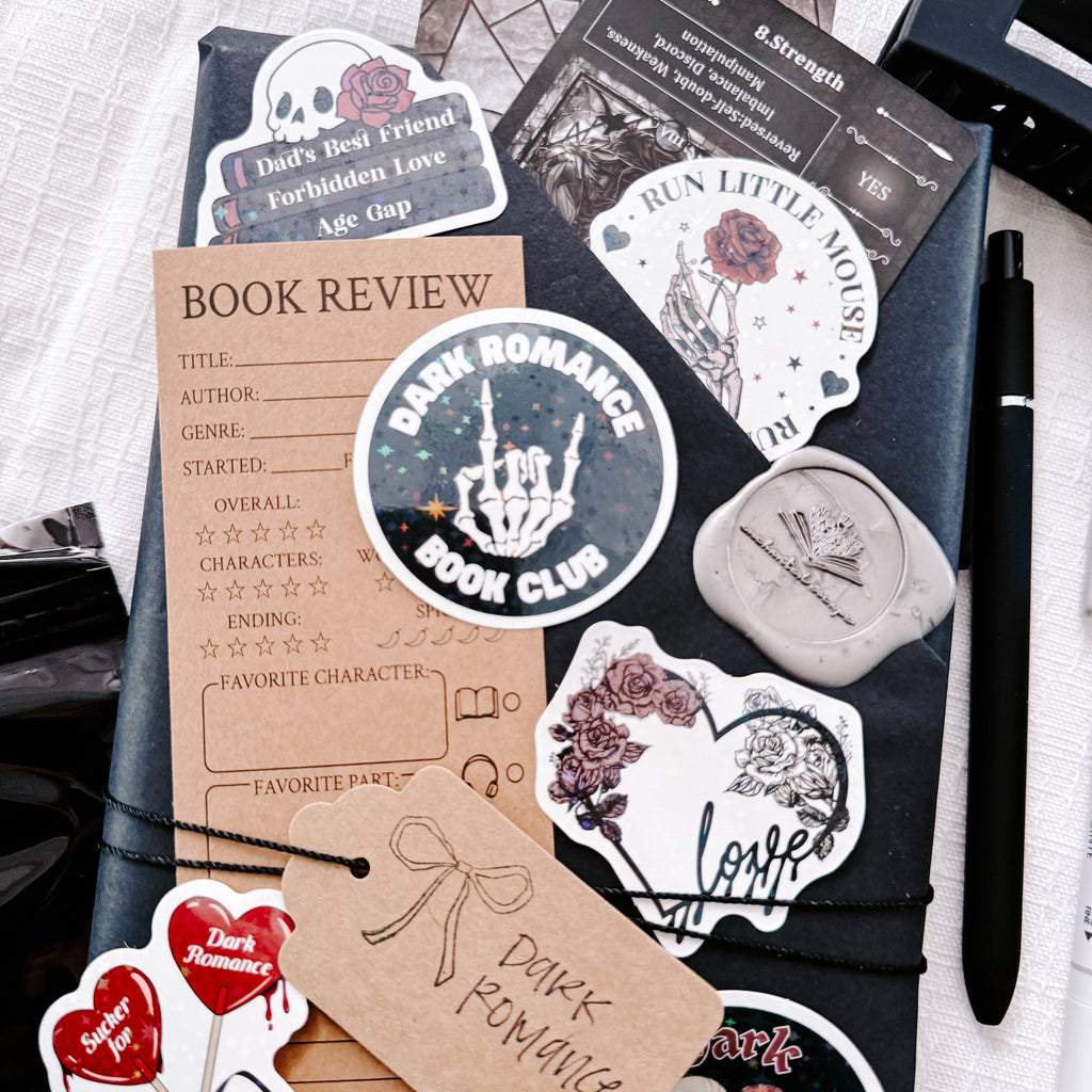 Dark Romance Book Bundle with bookish candle, stickers, claw clip, and reading accessories by Enchanted Escape Reading