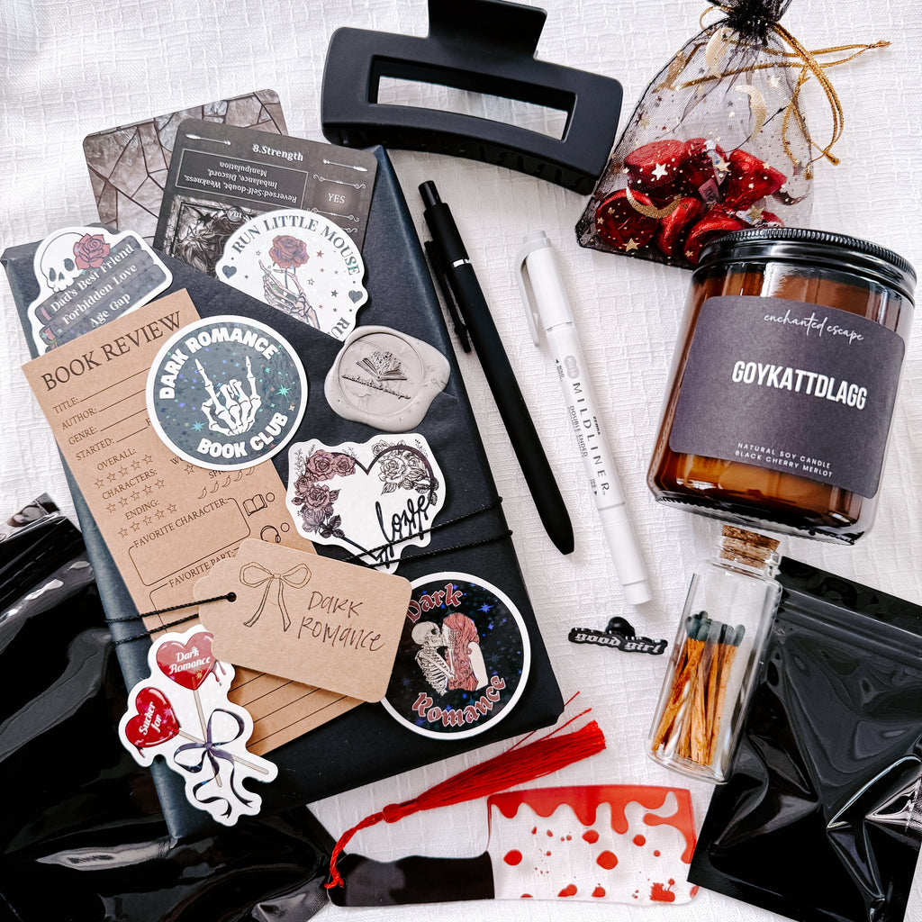 Dark Romance Book Bundle with bookish candle, stickers, claw clip, and reading accessories by Enchanted Escape Reading