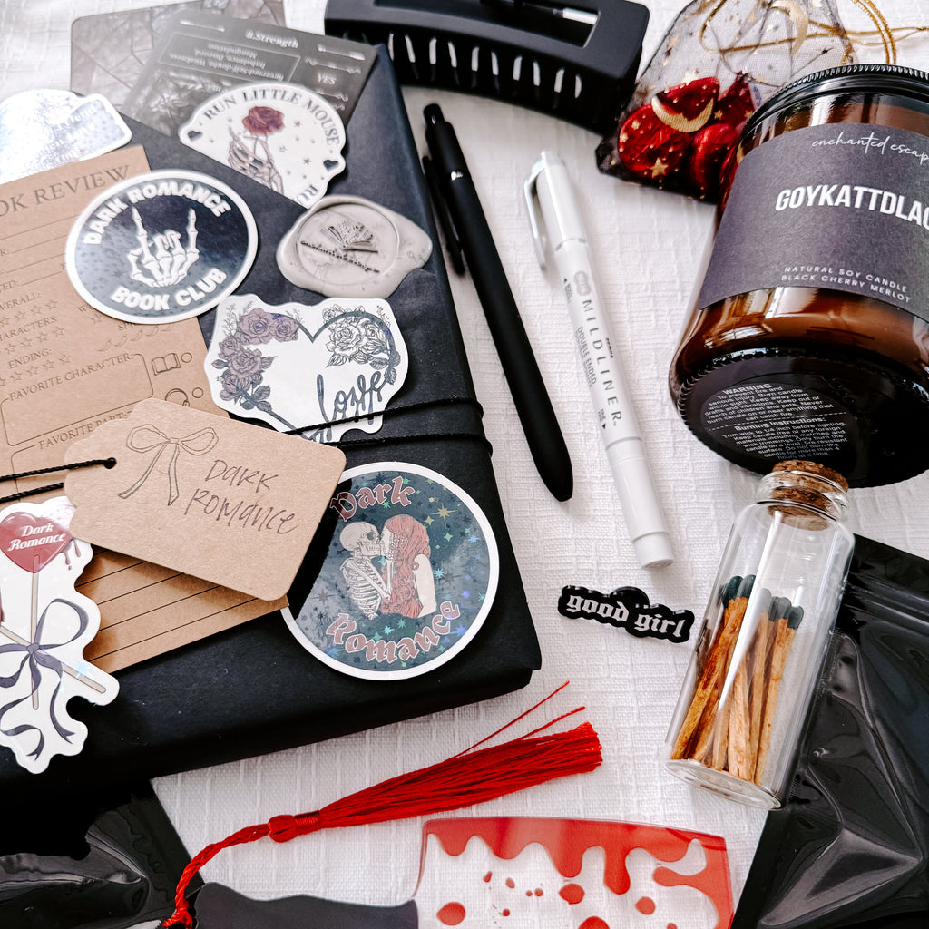 Dark Romance Book Bundle with bookish candle, stickers, claw clip, and reading accessories by Enchanted Escape Reading