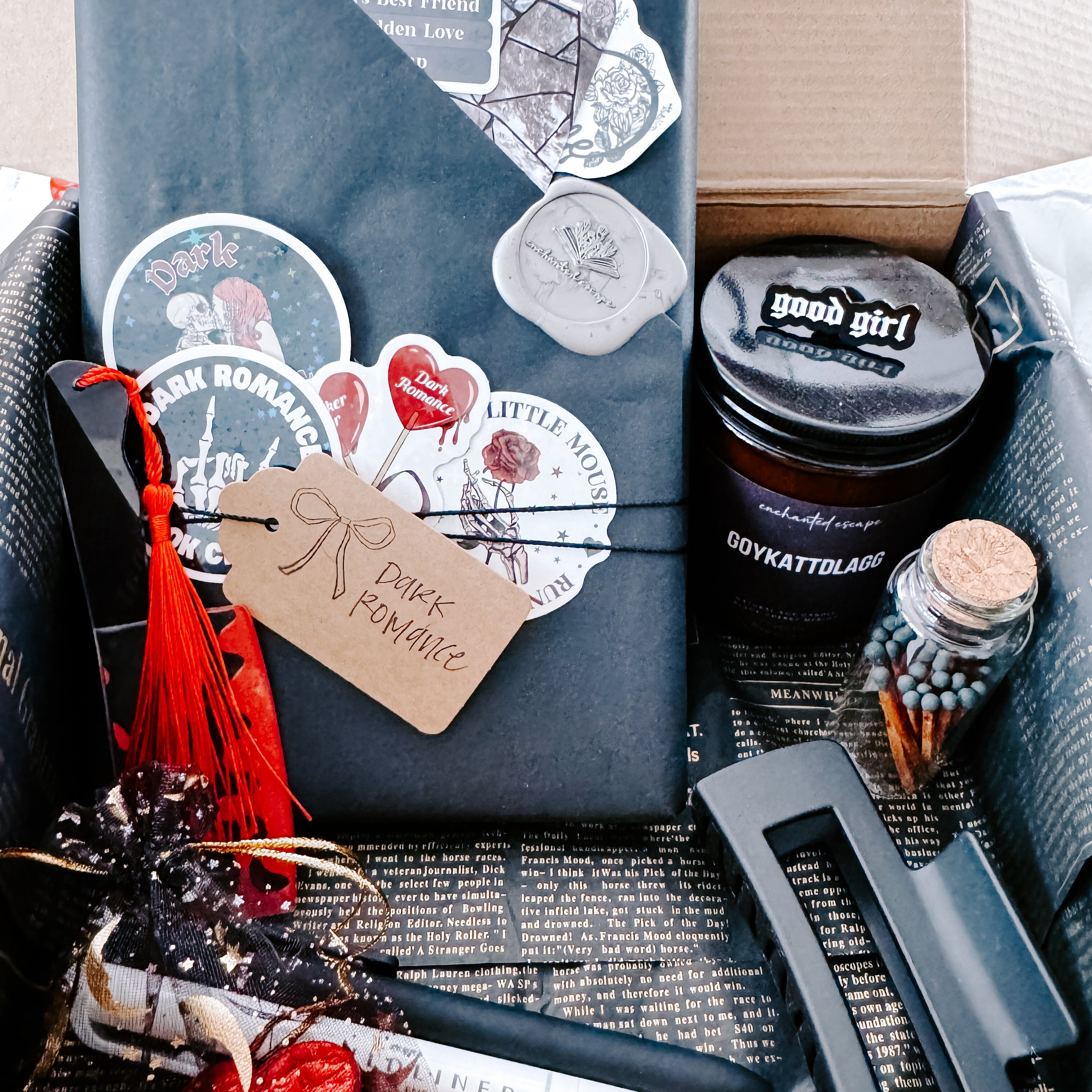 Dark Romance Book Bundle with bookish candle, stickers, claw clip, and reading accessories by Enchanted Escape Reading